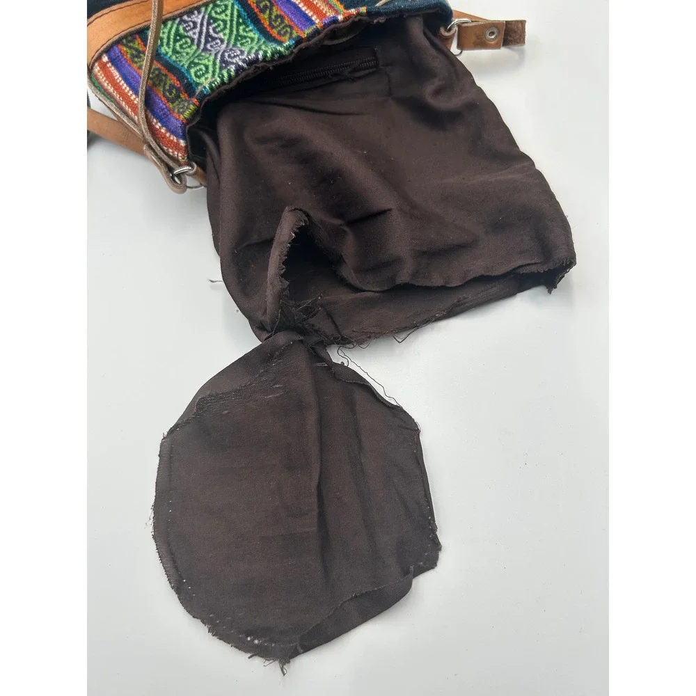 Boho Leather Woven Textile Bucket Bag Crossbody Drawstring Tribal Pattern Brown